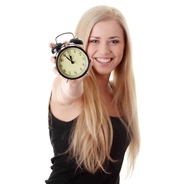 여 자가 보여주는 알람 시계 — 스톡 사진