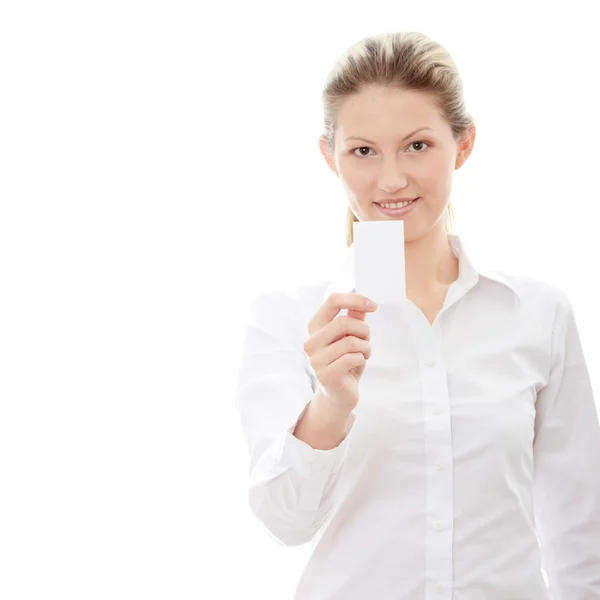 Businesswoman with business card — Stock Photo, Image
