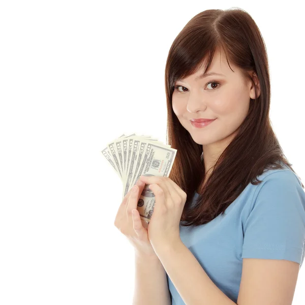Teenager-Frau mit Dollars. — Stockfoto