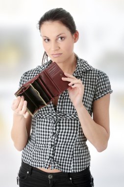 Young caucasian woman with empty wallet - broke clipart