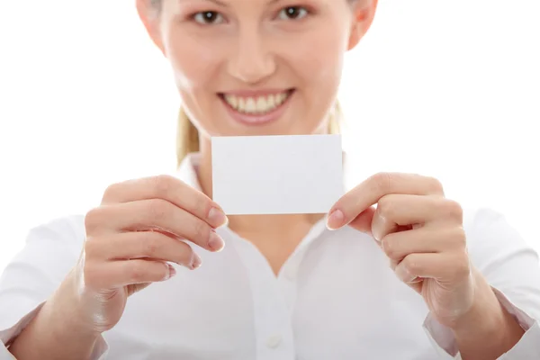Businesswoman with business card — Stock Photo, Image