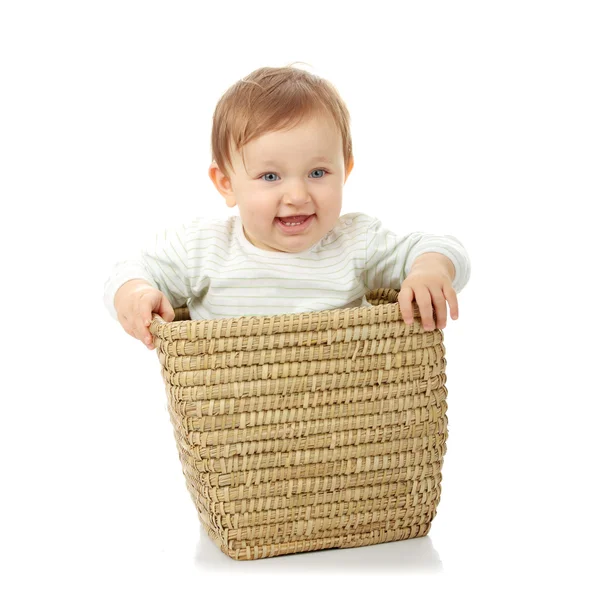 Young baby girl in basket — Stock Photo, Image