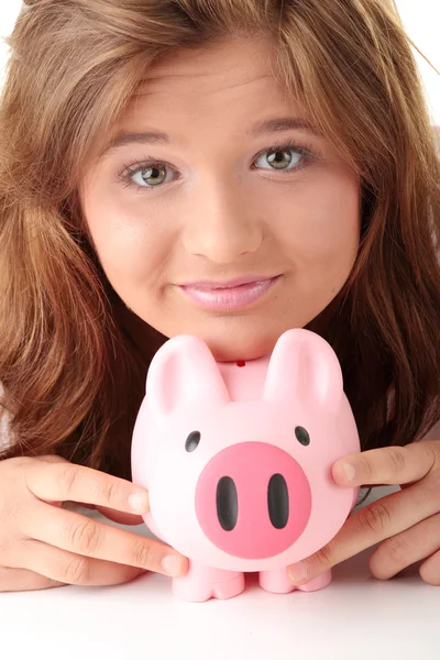女人和猪存钱罐 — 图库照片