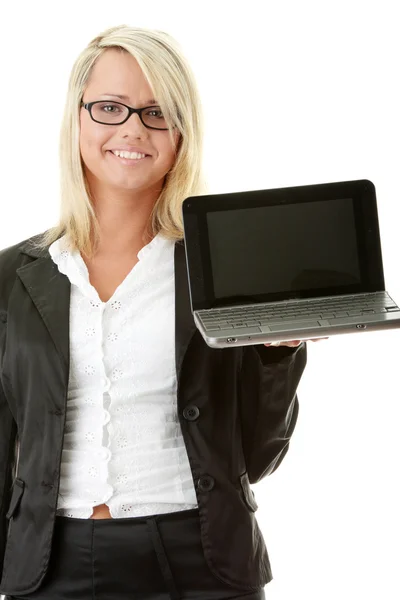 Business woman holding laptop — Stock Photo, Image