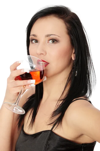 美丽的女人，酒杯红葡萄酒 — 图库照片