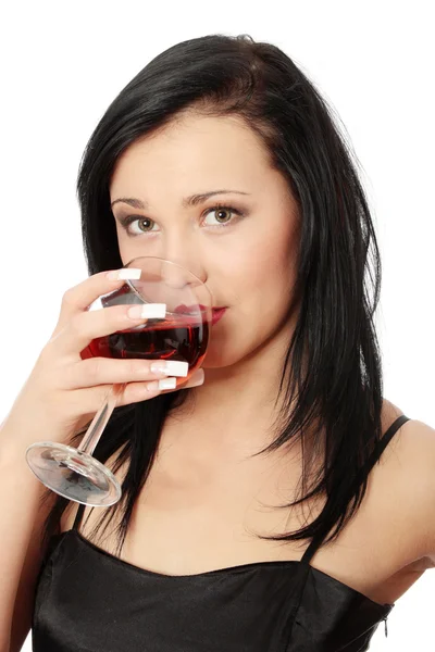 Schöne Frau mit Glas Rotwein — Stockfoto