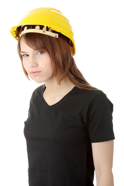 黄色头盔的工程师女人 — 图库照片