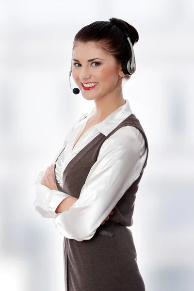 Call center donna con auricolare . — Foto Stock