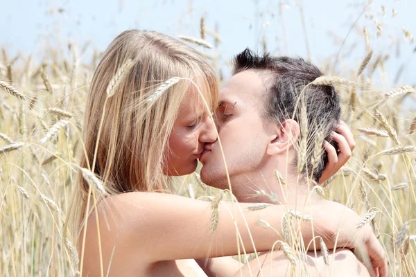 A beautiful couple in wheat field — Stock Photo, Image