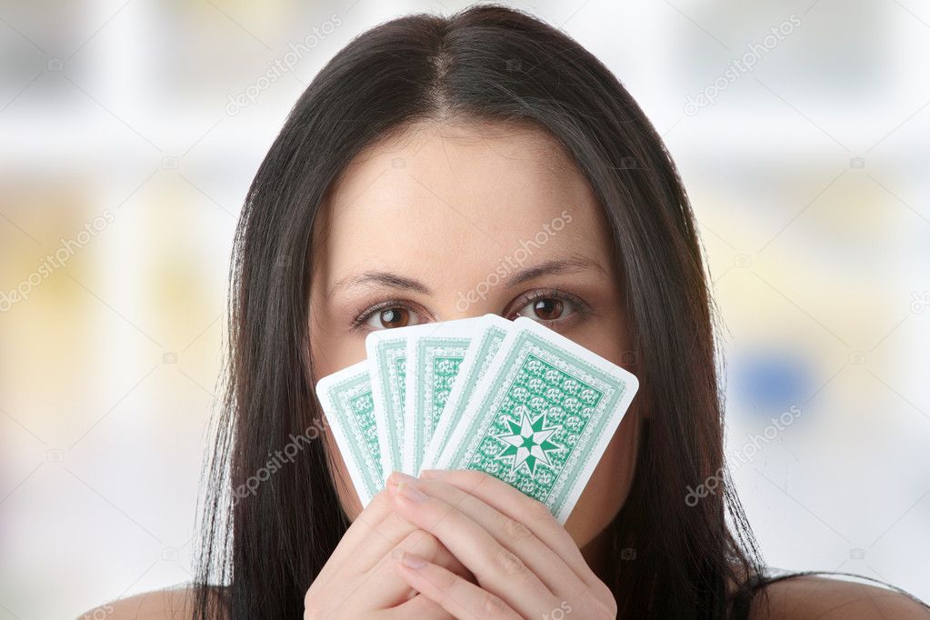 Caucasian beauty playing strip poker