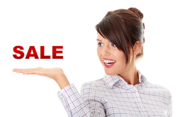 Businesswoman presenting sale sign — Stock Photo, Image