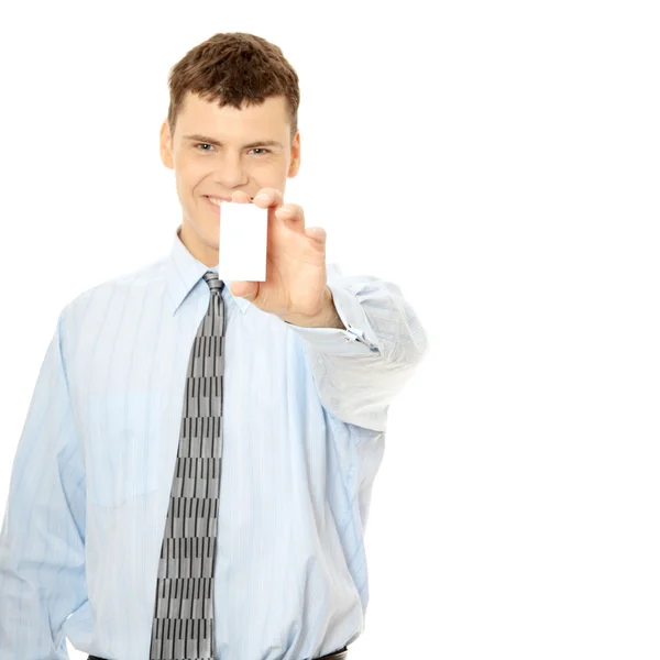 Hombre de negocios exitoso con tarjeta de visita en blanco — Foto de Stock