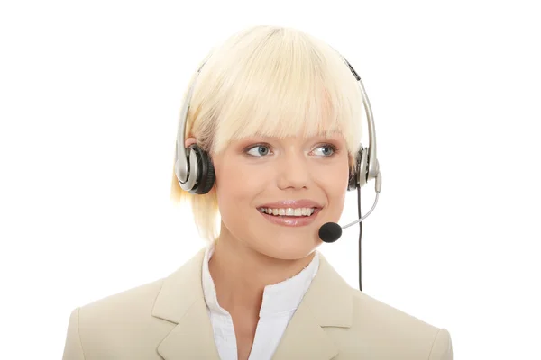 Wywołanie centrum kobieta z zestawu słuchawkowego — Zdjęcie stockowe