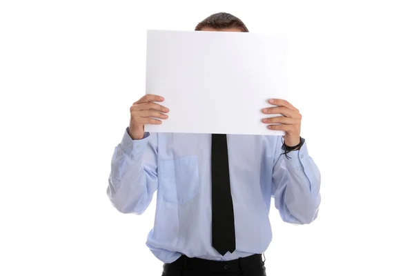 Affärsman med ett tomt papper i ansiktet — Stockfoto