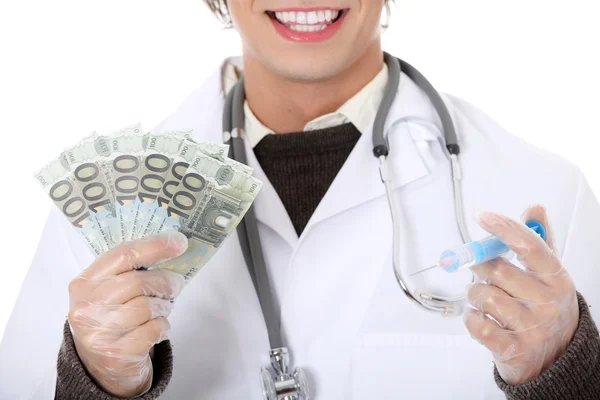 Boldog orvos pénzzel. — Stock Fotó