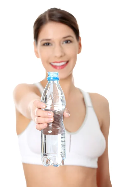 Beautiful woman with bottle of mineral water — Stock Photo, Image