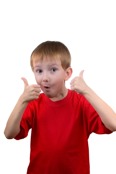 Mutlu çocuk "ok işareti gösterir" — Stok fotoğraf