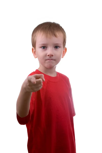 Boy shows his finger forward — Stock Photo, Image