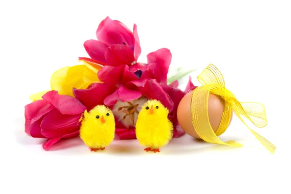 Easter egg and tulips — Stock Photo, Image