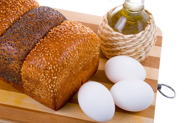 Pan Fresco Huevos Aceite Sobre Tabla Madera —  Fotos de Stock