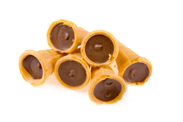 Süße Hörner Gefüllt Mit Schokolade Isoliert Auf Weißem Hintergrund — Stockfoto
