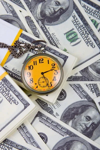 Pocket Watch Stack Dollars Reflecting Time Money — Stock Photo, Image
