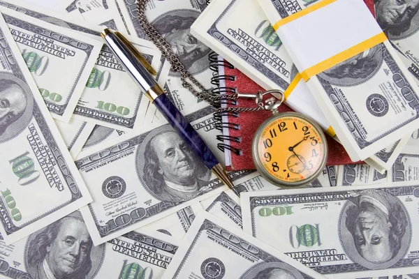 Pocket Watch Notebook Pen Stack Dollars Reflecting Time Money — Stock Photo, Image