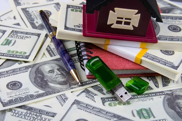 House Notebook Pen One Hundred Dollar Bills Background — Stock Photo, Image