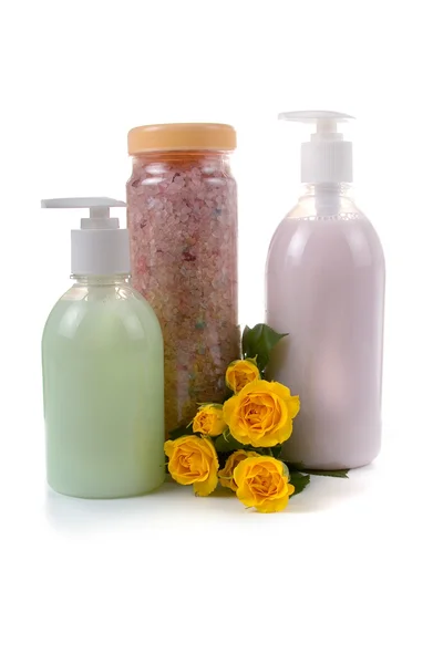 Bottles Liquid Soap Sea Salt White Background — Stock Photo, Image