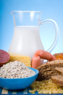 Milk, bread, cheese and sausage clipart