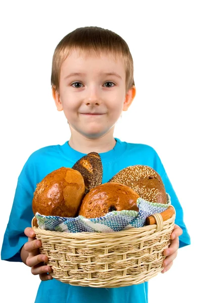 Boy with a basket of bread — Stock Photo, Image