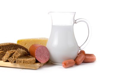 Milk, bread, cheese and sausage clipart