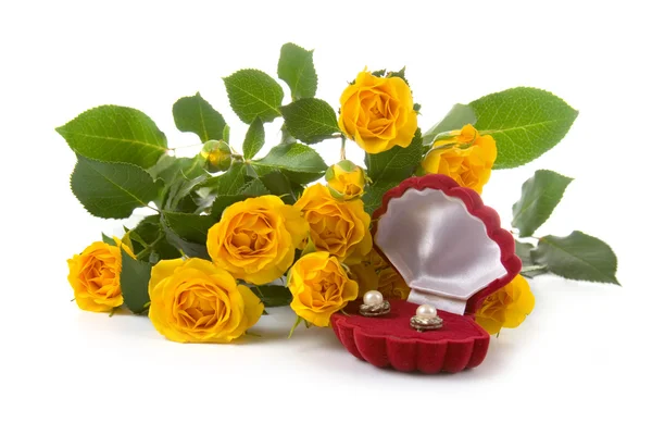Beautiful yellow roses and box — Stock Photo, Image