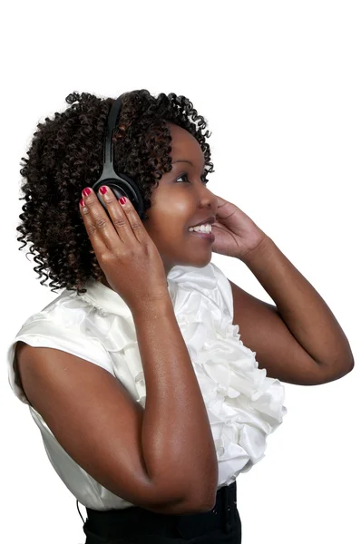 Μαύρη γυναίκα με ακουστικά — Φωτογραφία Αρχείου