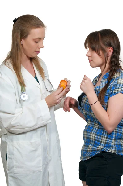 Beautiful Young Female Doctor Giving Bottle Prescription Pills Patient — Stock Photo, Image
