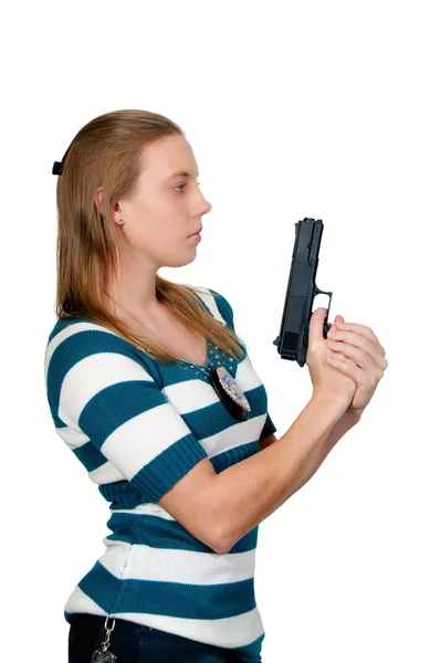 拿着枪在工作上的美丽警察侦探女人 — 图库照片