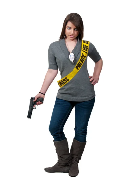 Young Beautiful Woman Holding Handgun Wearing Police Line Tape Sash — Stock Photo, Image