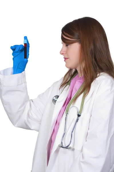 Beautiful Young Female Doctor Holding Test Tube Vial Sample Blood — Stock Photo, Image