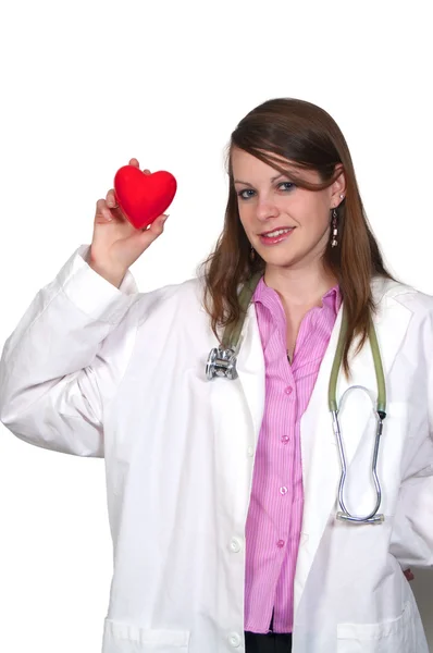 Een Vrouwelijke Cardioloog Vrouw Arts Houden Een Rood Hart — Stockfoto