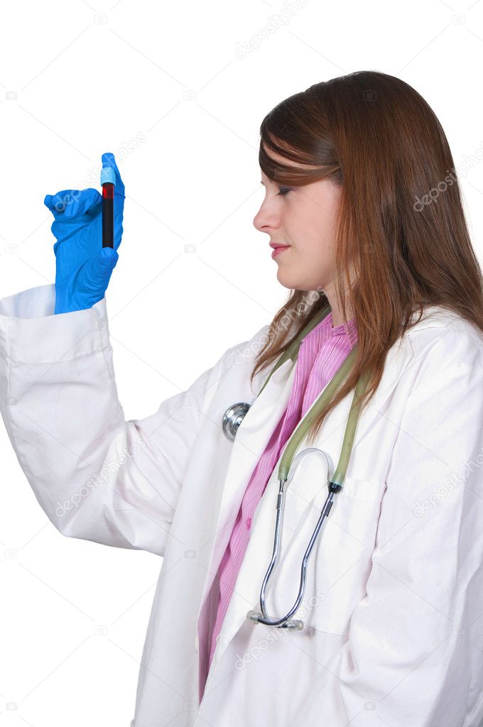 A beautiful young female doctor holding a test tube vial sample of blood
