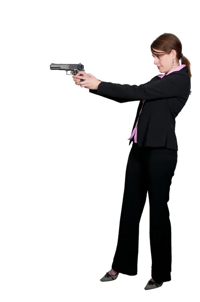 拿着枪在工作上的美丽警察侦探女人 — 图库照片