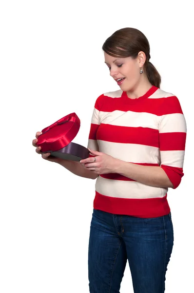 Beautiful Young Woman Holding Valentines Day Heart Box Gift Present — Stock Photo, Image