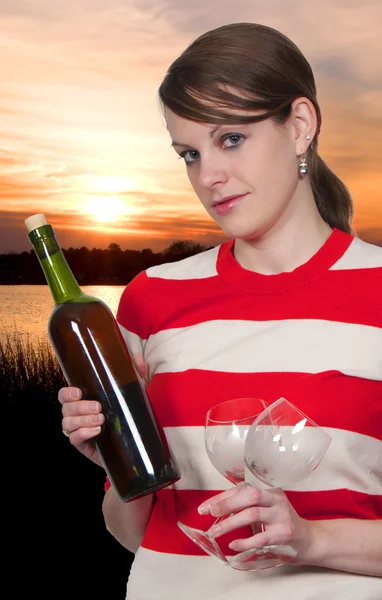 Beautiful Woman Holding Wine Bottle Glasses — Stock Photo, Image