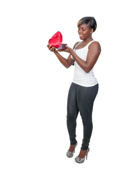 Gyönyörű Fiatal Fekete Afro Amerikai Kezében Egy Valentin Nap Szív — Stock Fotó