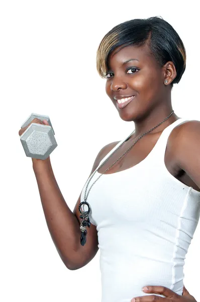 Uma Bela Jovem Negra Afro Americana Trabalhando Com Peso Dumbbell — Fotografia de Stock