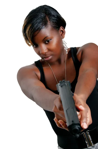 Femeie Frumoasă Detectiv Poliție Locul Muncă Pistol — Fotografie, imagine de stoc