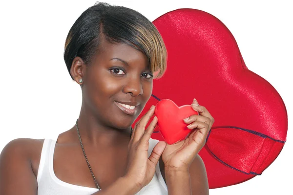 Beautiful Young African American Black Woman Holding Valentines Day Heart — Stock Photo, Image