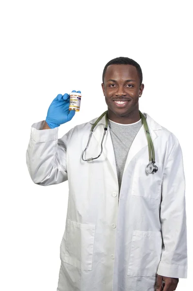 Hombre Negro Afroamericano Sosteniendo Frasco Pastillas Medicamentos Recetados —  Fotos de Stock