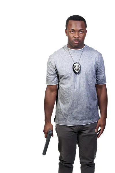 Poliziotto Afroamericano Colore Sul Lavoro Con Una Pistola — Foto Stock