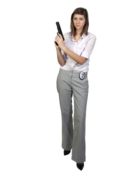 Piękne Policji Kobieta Detektyw Pracy Pistoletu — Zdjęcie stockowe